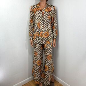 Vintage 70s Metallic Pant Blouse Set Large Orange Floral Wide Leg Button Front